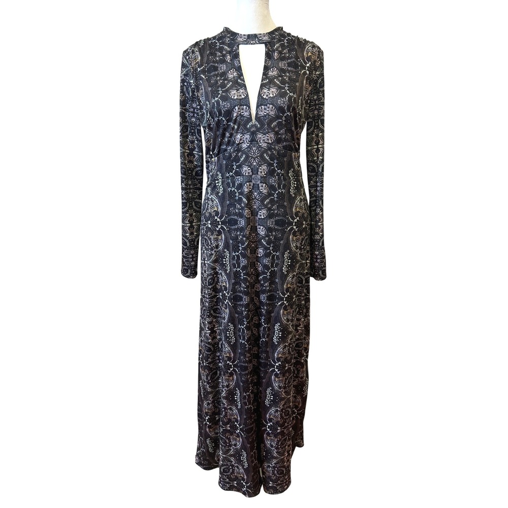 Free People Cabaret Maxi Dress Size M Dark Combo Keyhole Mock Neck Whimsigoth